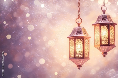 Wallpaper Mural Minimalistic lantern outlines in shimmering copper on a textured lavender background with soft ambient sparkles, leaving half the frame for text. Torontodigital.ca