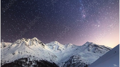 Enchanting night sky over snow-covered French Alps mountains filled with stars, serene backdrop for commercial photography, stunning landscapes, starry background, depth