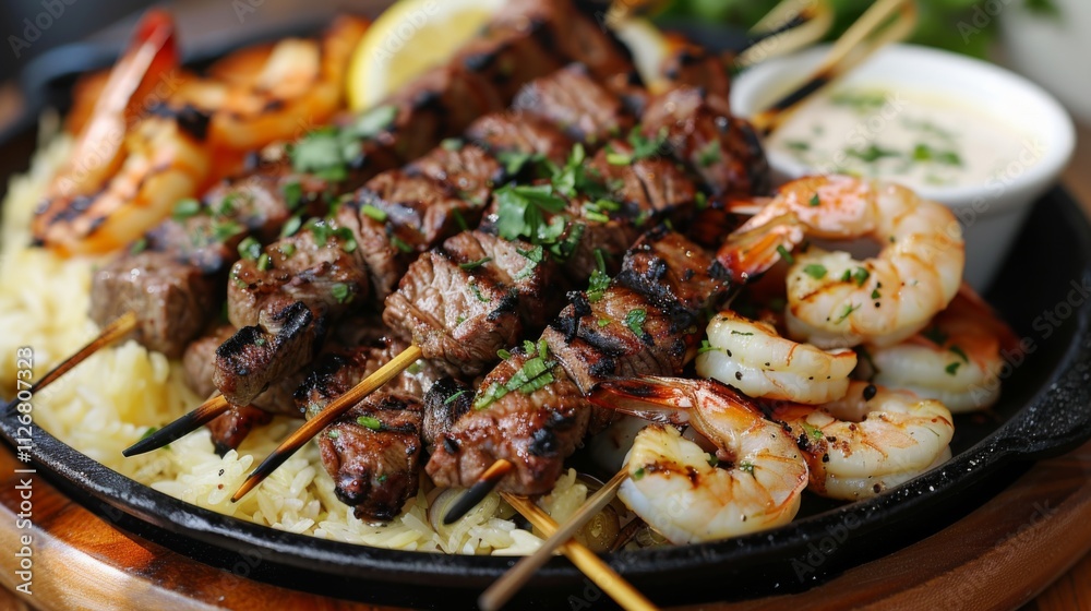 Grilled beef and shrimp skewers served over rice with fresh herbs and lemon for a flavorful and savory dish Grilled beef and shrimp skewers served over rice with fresh herbs and lemon for a flavorful and savory dish