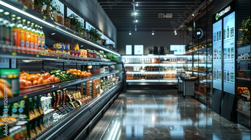 Modern grocery store aisle with fresh produce and packaged goods under sleek lighting
