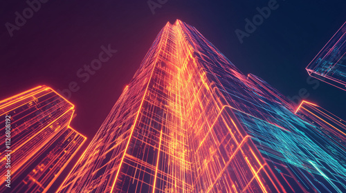 Wallpaper Mural A stylized skyscraper icon made of glowing lines, with data streams representing real estate analytics and smart building technologies.  Torontodigital.ca