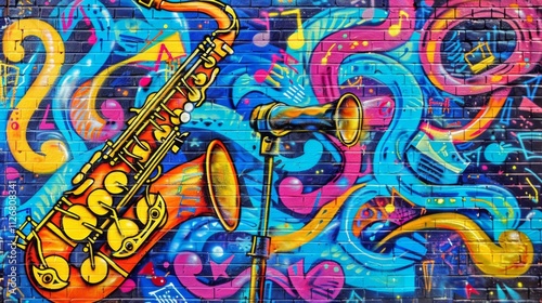 Vivid saxophone mural with musical notes and colorful abstract graffiti design photo