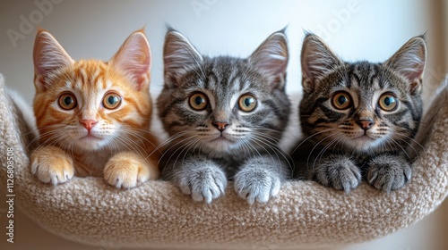 Three adorable cats relax together in a stylish scratching post house, showcasing their unique personalities against a light, cheerful backdrop. photo