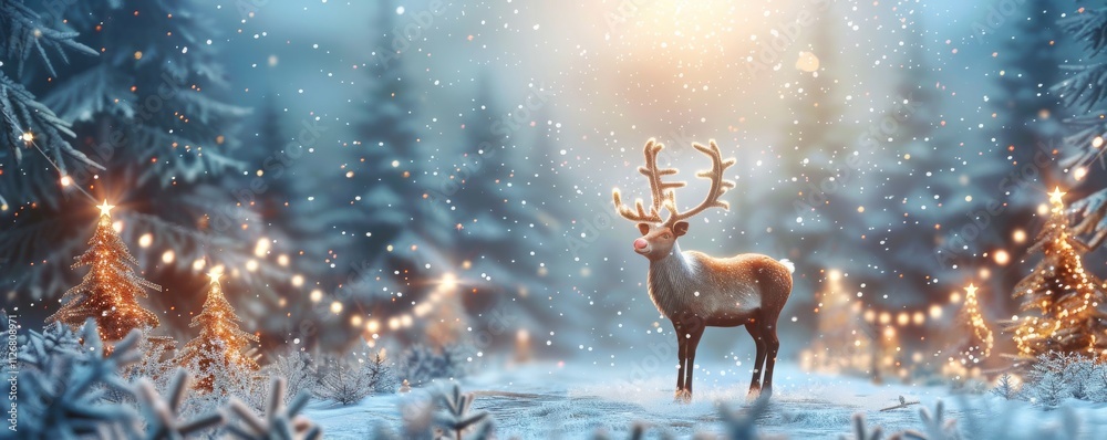 Naklejka premium =]\\Christmas banner with magical scene of a reindeer in center in snowy forest with Christmas trees with lights and stars with copy space. MZ