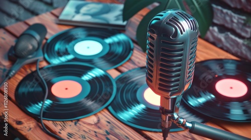 Retro microphone with neon lighting surrounded by vinyl records on a vintage wooden table photo