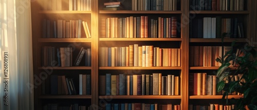 Sunlit Bookshelf Filled with Vintage and Modern Books in a Cozy Home Library