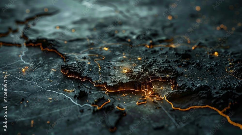 Fototapeta premium Digital map of Europe at night, with city lights highlighted in yellow. Paris, London, Berlin, Rome, Minsk circled. London prominently lit.