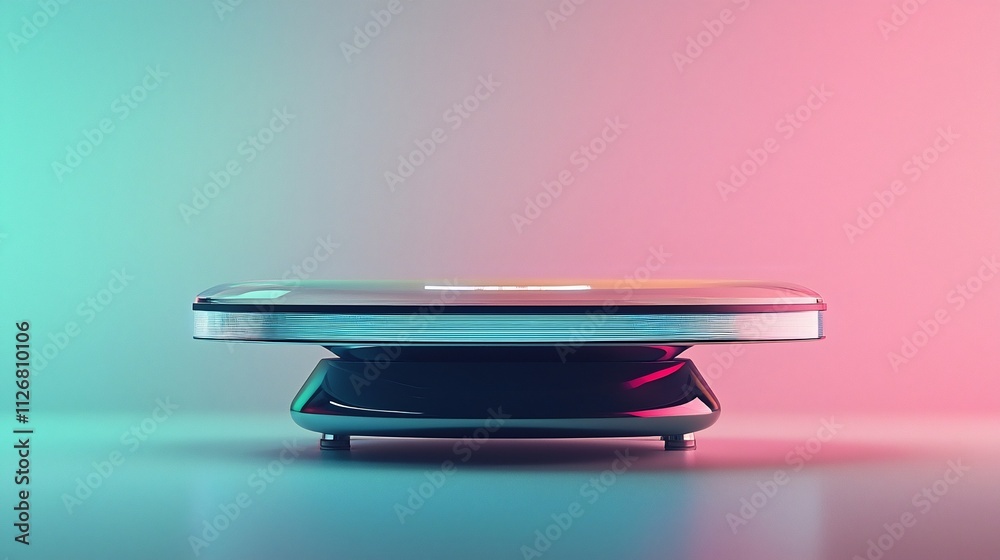 Futuristic smart digital weighing scale with a holographic interface set against a neutral gradient background providing ample copy space for various uses in health fitness and technology design Futuristic smart digital weighing scale with a holographic interface set against a neutral gradient background providing ample copy space for various uses in health fitness and technology design