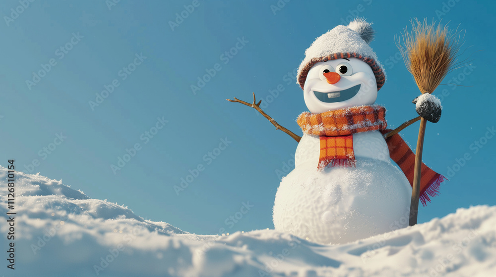 Obraz premium A snowman with a broomstick arm and a warm scarf, standing on a snowy hill with a clear blue sky above.