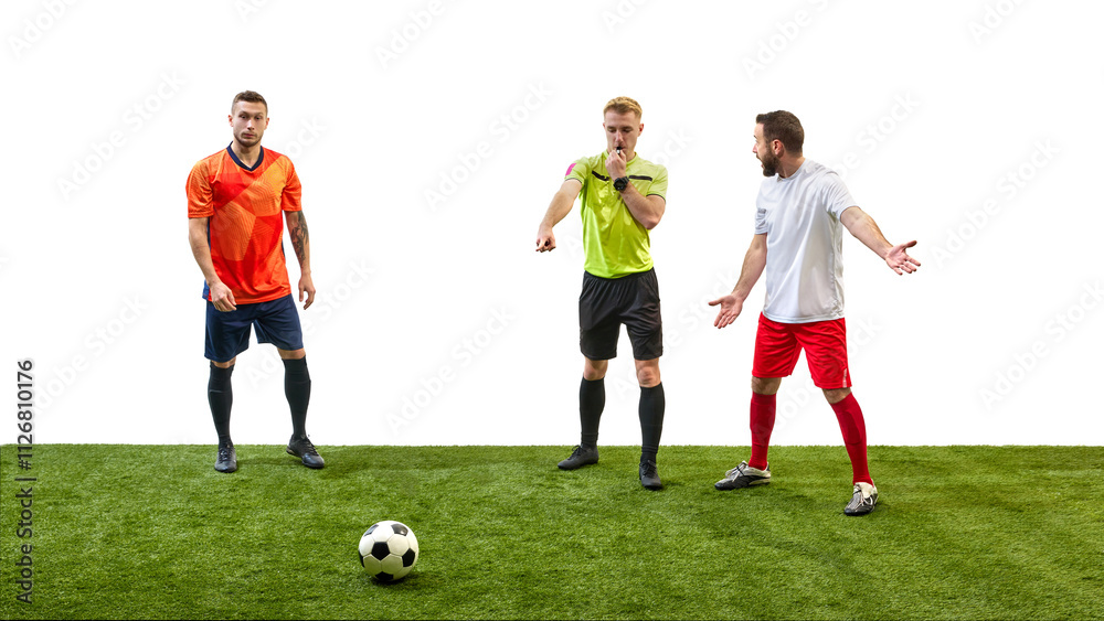 Soccer referee blowing a whistle and making gesture to signal foul while player prepares to take penalty, highlighting rule enforcement in game. Concept of sport, fair play, competition, control Soccer referee blowing a whistle and making gesture to signal foul while player prepares to take penalty, highlighting rule enforcement in game. Concept of sport, fair play, competition, control