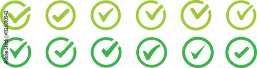 Check marks set. Check mark green vector icons, Simple check marks. Checklist symbols. Approval check flat style. Correct vote choise isolated symbols.