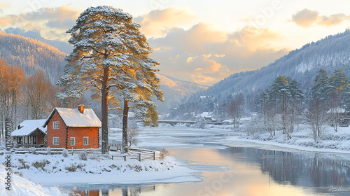 Winter in mountains, beautiful landscape of north village  photo