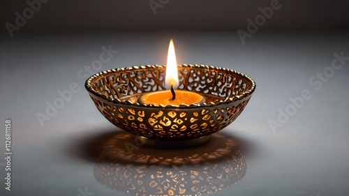 Colorful diya lamps with intricate designs and glowing flames create warm and inviting atmosphere, perfect for celebrations and festivals.  photo