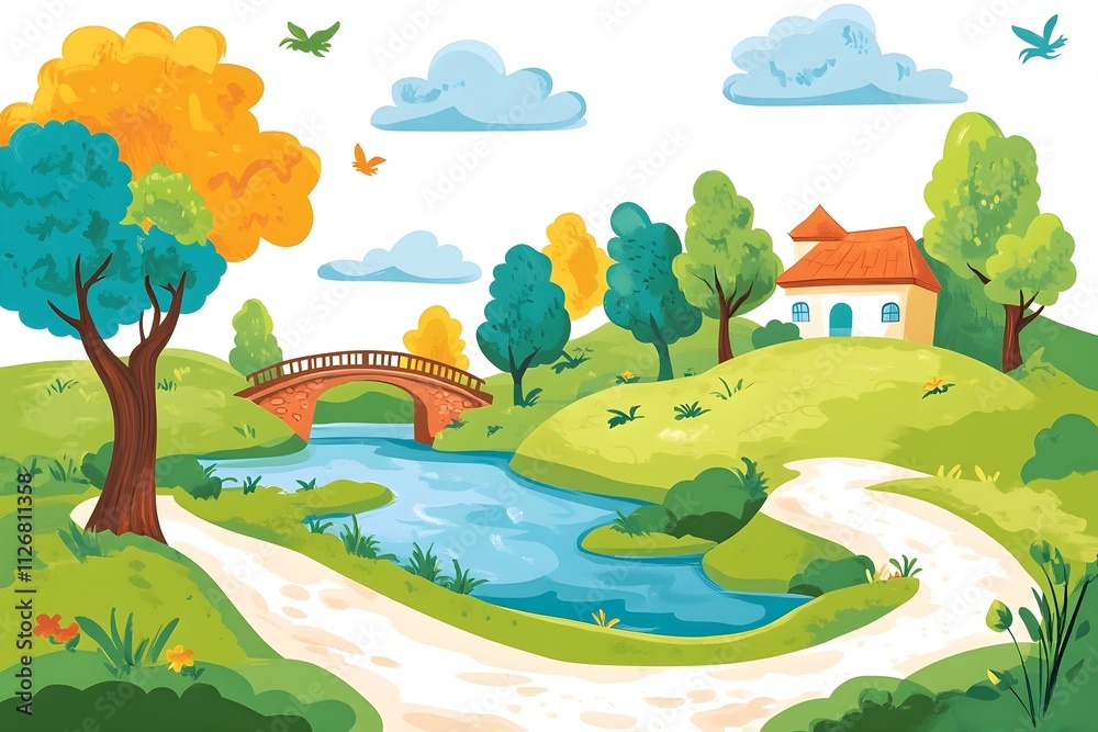 Obraz premium illustration of beautiful landscapes with mountains and lakes in watercolor, aquarelle look pencil art Countryside village landscape with church and houses illustration, design, vector, nature, travel