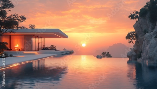 Luxury villa with swimming pool at sunset photo