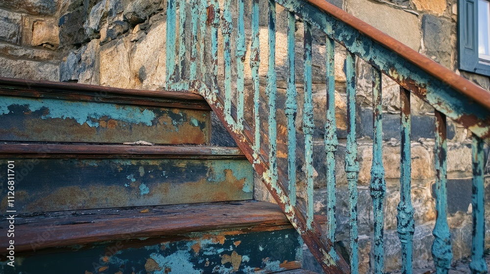 Old iron railings with peeling paint set against a historic stone wall. Old iron railings with peeling paint set against a historic stone wall.