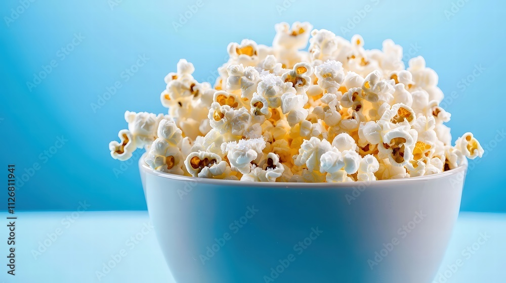 A vibrant bowl of freshly popped popcorn garnished with a sprinkle of sea salt, set against a bright blue background. The bowls glossy finish contrasts beautifully with the fluffy, buttery popcorn, A vibrant bowl of freshly popped popcorn garnished with a sprinkle of sea salt, set against a bright blue background. The bowls glossy finish contrasts beautifully with the fluffy, buttery popcorn,