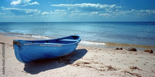 Blue boat is sitting on the beach. The sky is blue and the water is calm. The scene is peaceful and relaxing