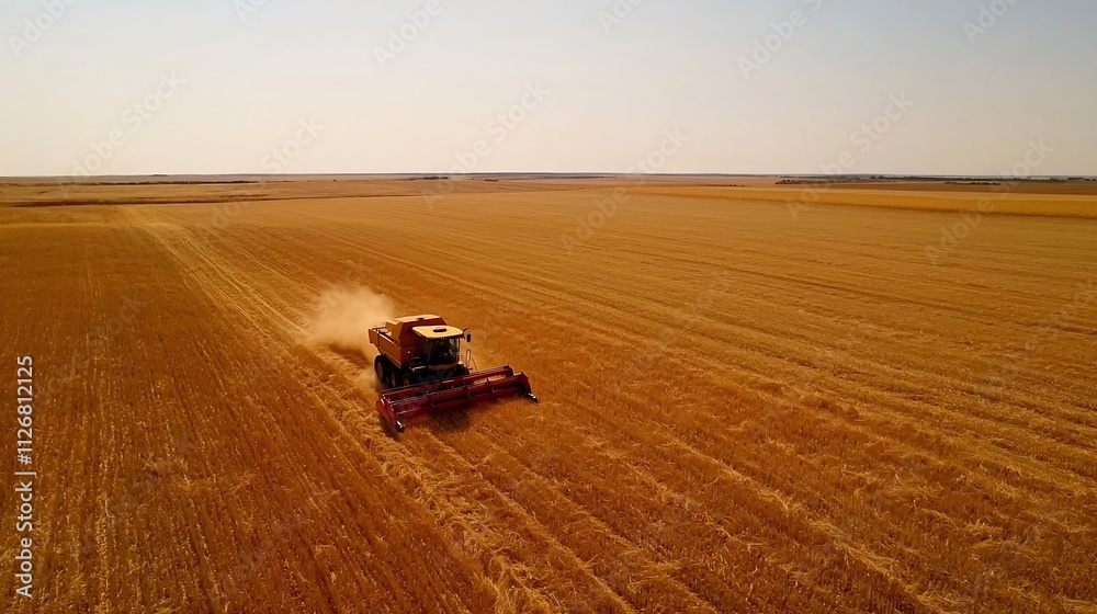 Fototapeta premium A large combine harvester efficiently working on a vast golden wheat field during the peak of the harvest season