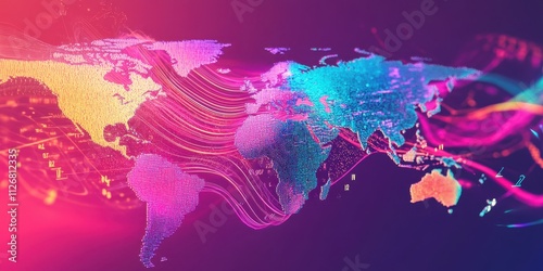 Global Network Connections Digital World Map Abstract Representation of Worldwide Data Flow and Interconnectivity photo