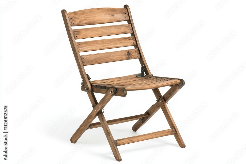 A simple, rustic wooden folding chair with a slatted backrest and seat, ideal for casual seating and outdoor use. A simple, rustic wooden folding chair with a slatted backrest and seat, ideal for casual seating and outdoor use.