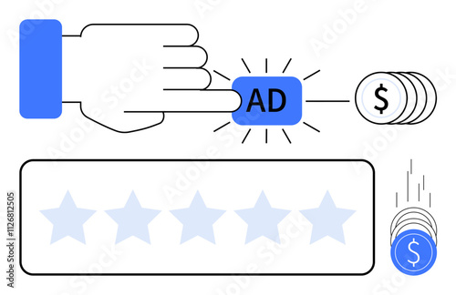 Hand pressing AD button with dollar coins and star rating grid illustrating advertising, money conversion, and customer feedback. Ideal for marketing, business growth, PPC campaigns, monetization