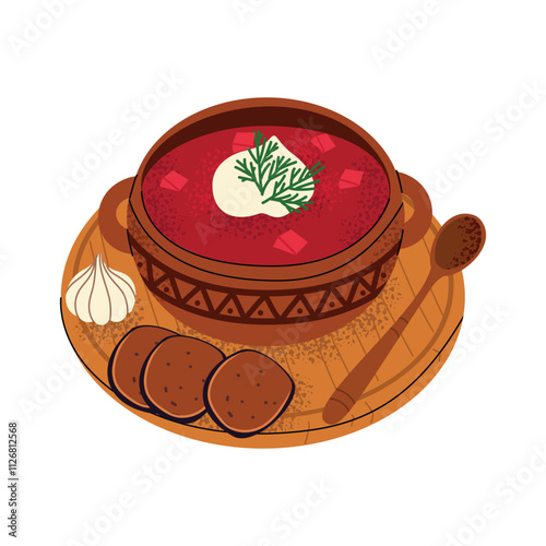 Borscht with bread and garlic. Vector illustration of soup in clay plate. Ukrainian traditional cuisine.  Hand drawn vector illustration. White isolated background.