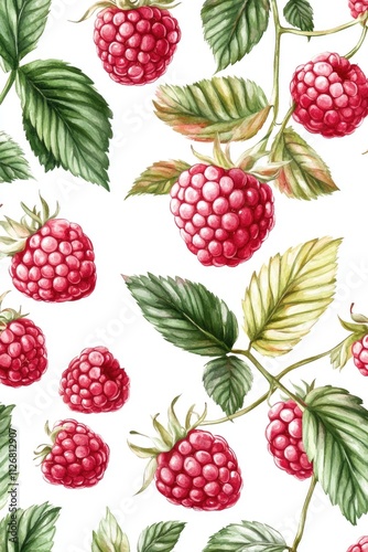 Painting of a bunch of red raspberries with green leaves. The painting is full of life and color, and it conveys a sense of freshness and abundance