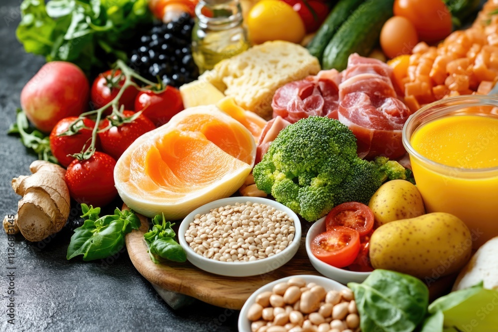 Table full of fruits and vegetables including broccoli, potatoes, tomatoes, and apples. The table is set up for a healthy meal Table full of fruits and vegetables including broccoli, potatoes, tomatoes, and apples. The table is set up for a healthy meal