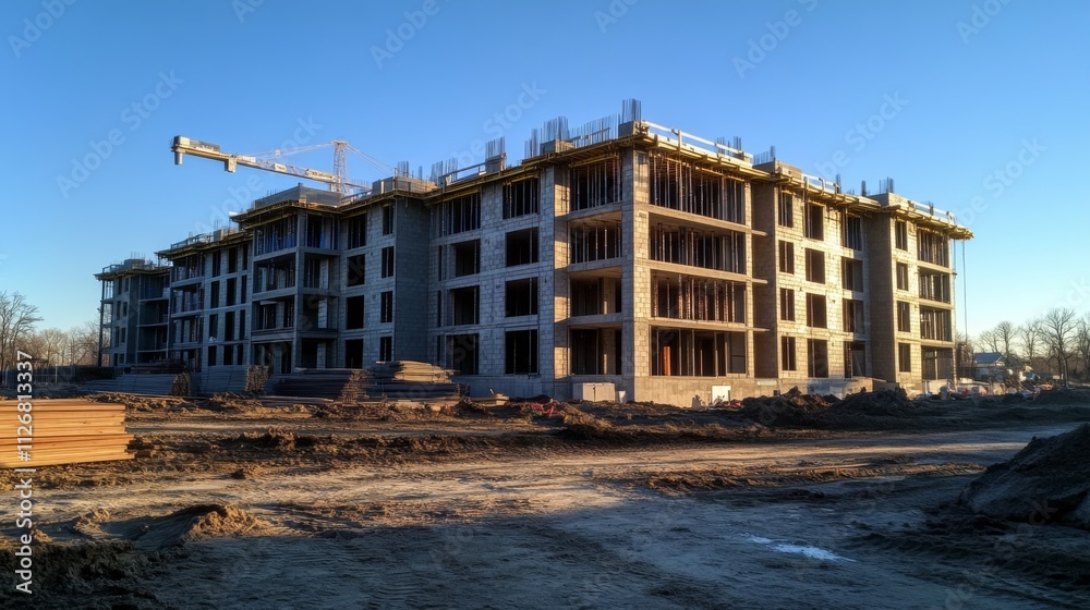 Modern construction site with a residential building framework Modern construction site with a residential building framework