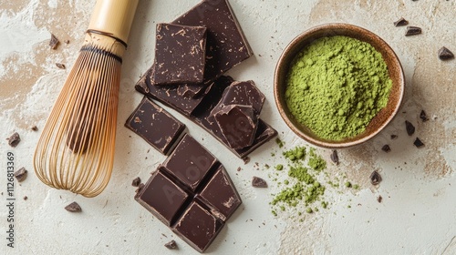 Dark chocolate pieces with matcha green tea powder and bamboo whisk symbolizing gourmet dessert preparation