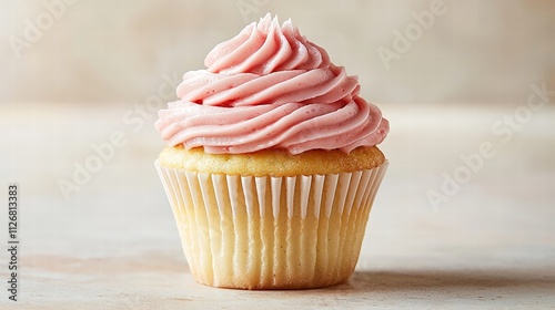 A charming raspberry cupcake with fluffy pink frosting, elegantly set against a soft beige background. The subtle color tones enhance the cupcakes features, making it a perfect choice for dessert