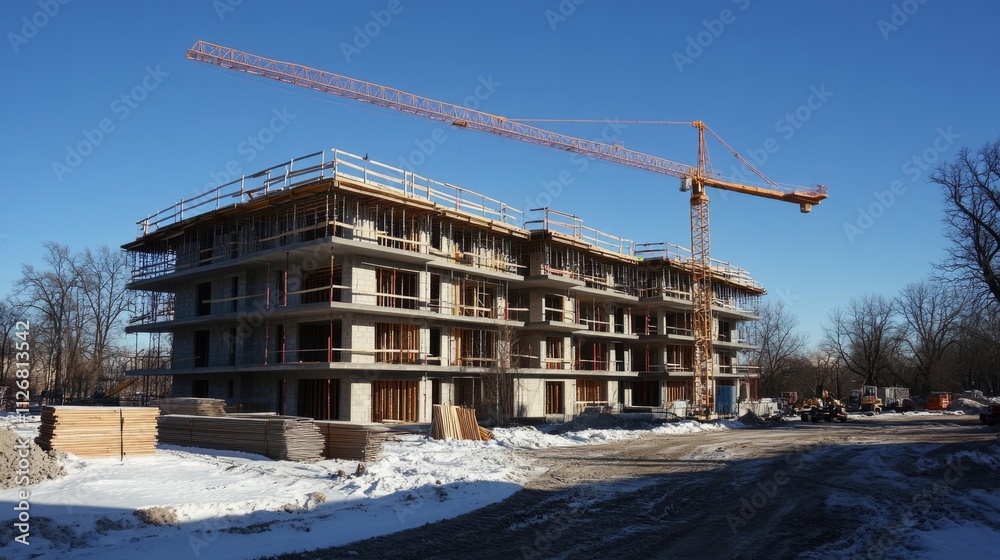 Construction site of a residential building in a snowy environment Construction site of a residential building in a snowy environment