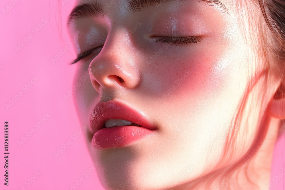 Woman with a pink background and a pinkish face. She has a pink lip color. The woman is smiling Woman with a pink background and a pinkish face. She has a pink lip color. The woman is smiling
