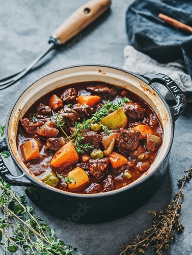 Large pot of stew with meat and vegetables sits on a counter. The stew is full of flavor and looks delicious photo