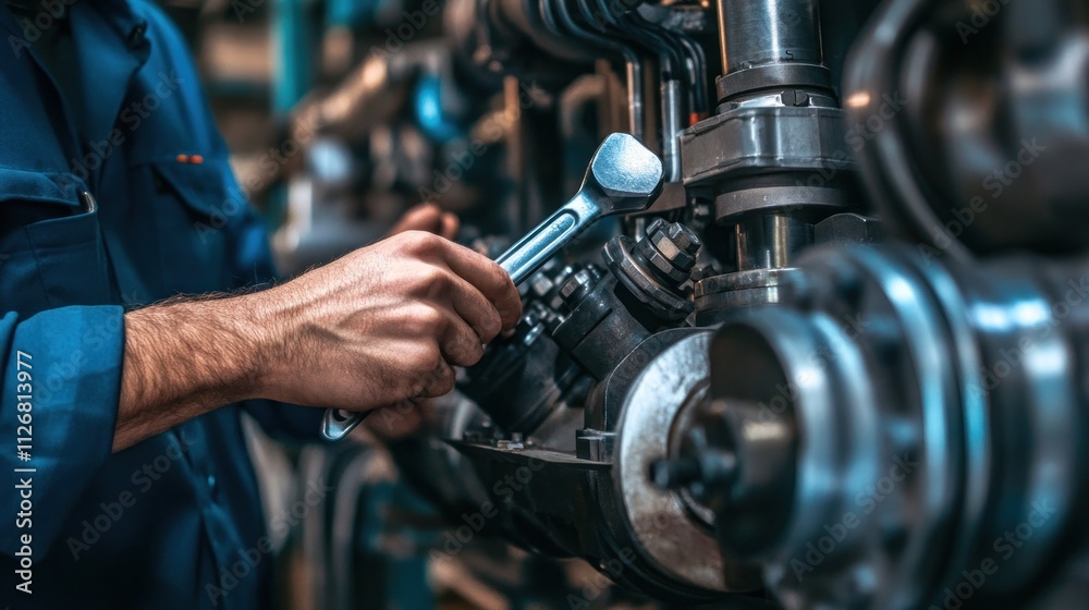 Obraz premium A mechanical engineer holding a wrench and adjusting components on a large industrial generator, detailed close-up scene 
