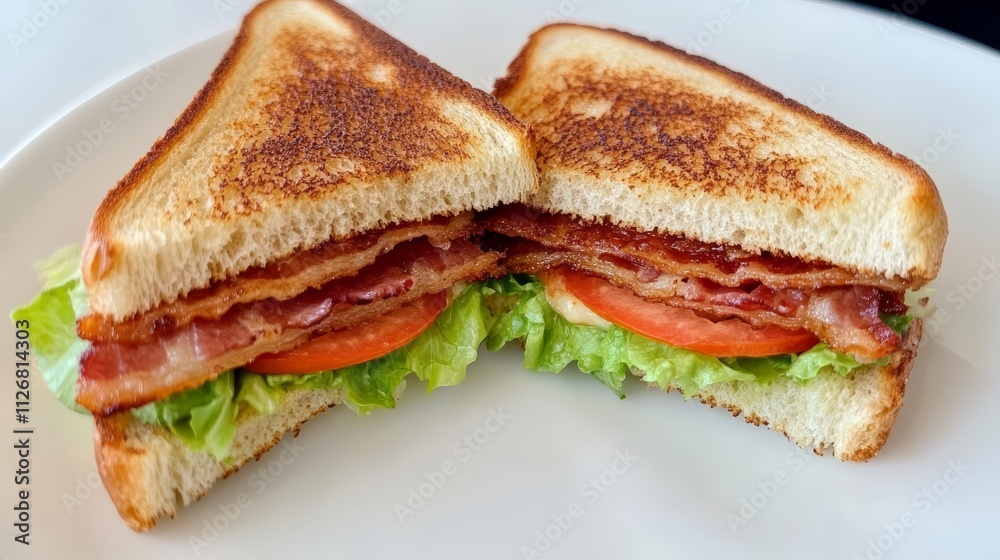 Gourmet Sandwich with Melted Cheese, Bacon, Tomatoes, and Fresh Herbs on Wooden Board Gourmet Sandwich with Melted Cheese, Bacon, Tomatoes, and Fresh Herbs on Wooden Board