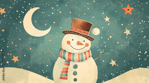 A cheerful snowman wearing a striped scarf and a top hat, surrounded by twinkling stars and a crescent moon.