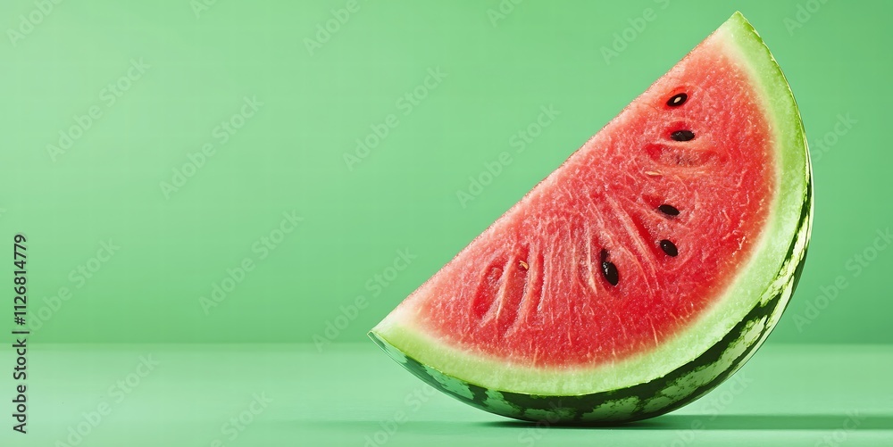 An artistic view of a watermelon slice cut at an angle to reveal the rich, red interior and the intricate patterns of the flesh, contrasted against a bold solid color background that makes the colors An artistic view of a watermelon slice cut at an angle to reveal the rich, red interior and the intricate patterns of the flesh, contrasted against a bold solid color background that makes the colors