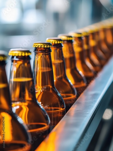 Row of beer bottles on a conveyor belt. The bottles are all brown and have a yellow cap