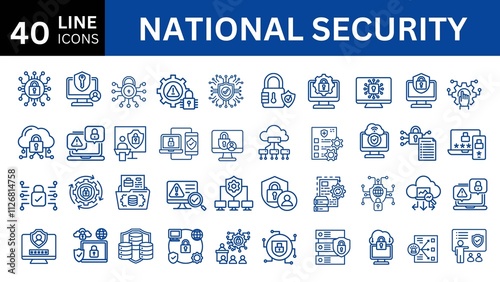 National Security icon set with defense, intelligence, surveillance, cyber security, espionage and counter terrorism.