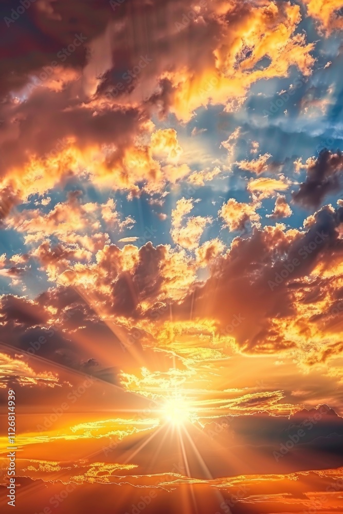 The sky is filled with clouds and the sun is shining brightly. The colors of the sky are orange and blue, creating a warm and peaceful atmosphere The sky is filled with clouds and the sun is shining brightly. The colors of the sky are orange and blue, creating a warm and peaceful atmosphere