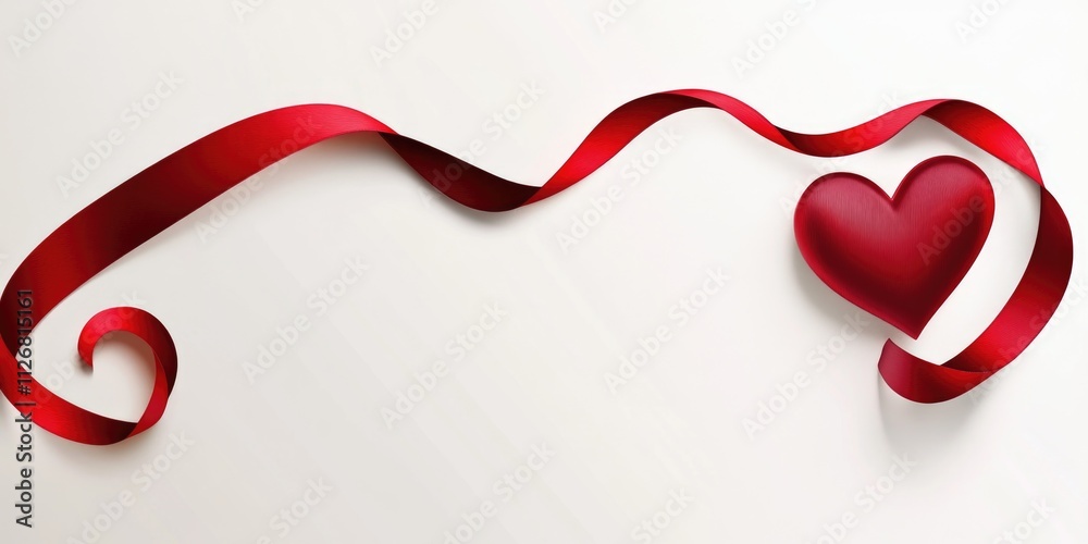 Red ribbon with a heart in the middle. The ribbon is long and curvy, and the heart is small and red. Concept of love and affection Red ribbon with a heart in the middle. The ribbon is long and curvy, and the heart is small and red. Concept of love and affection