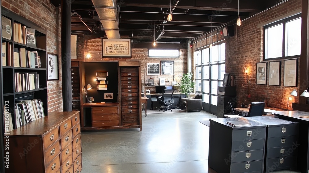 Cozy and Rustic Loft-Style Office Space with Brick Walls and Wooden Accents Cozy and Rustic Loft-Style Office Space with Brick Walls and Wooden Accents