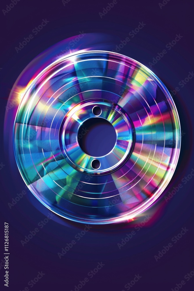 Colorful CD with a rainbow design. The CD is surrounded by a dark blue background. The design of the CD is vibrant and eye-catching, making it stand out against the dark background Colorful CD with a rainbow design. The CD is surrounded by a dark blue background. The design of the CD is vibrant and eye-catching, making it stand out against the dark background