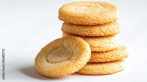 Stack of cookies with a white background. The cookies are all the same size and shape. They are piled on top of each other