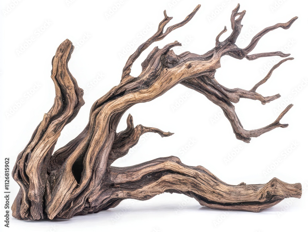 A twisted piece of driftwood, showcasing intricate textures and natural patterns, ideal for decorative or aquarium use.