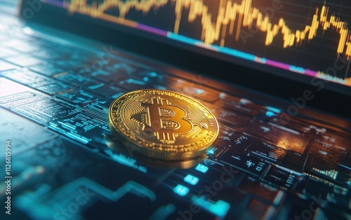 A close-up view of a golden Bitcoin coin against a laptop displaying a stock market chart, highlighting the synergy between cryptocurrency and trading. 