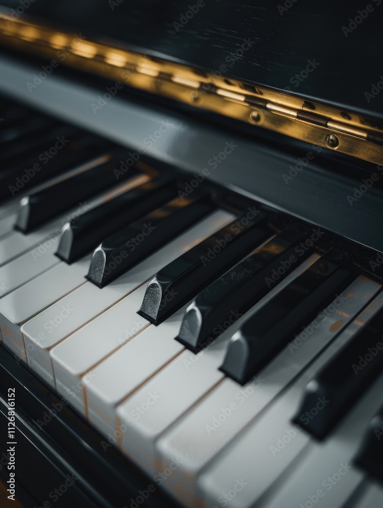 Black and white piano with white keys. The piano is open and the keys are visible Black and white piano with white keys. The piano is open and the keys are visible
