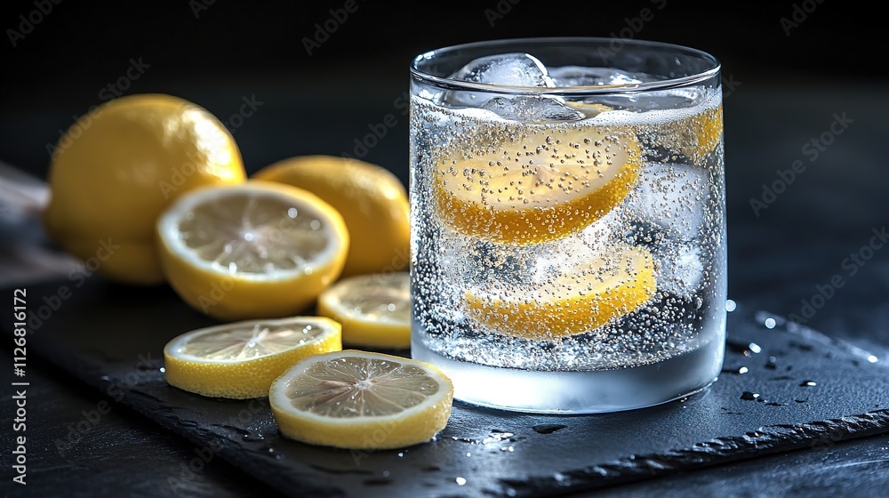 sparkling soda in frosted glass with lemon slices rests on sleek black slate softly lit with copy space sparkling soda in frosted glass with lemon slices rests on sleek black slate softly lit with copy space